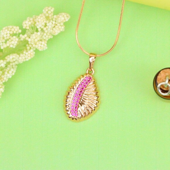 "Rose Gold Textured Pendant with Pink Stone Accent in Leaf Design, XPPT1490 - Picture 5 of 13
